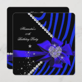 ゼブラブルーハート宝石ジェムズブラックバースデーパーティー 招待状 (正面/裏面)