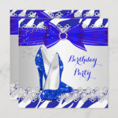 ゼブラブルーホワイトブルーヒールレースパール誕生日 招待状 (正面/裏面)