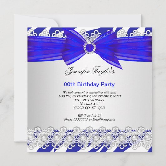 ゼブラブルーホワイトブルーヒールレースパール誕生日 招待状 (裏面)
