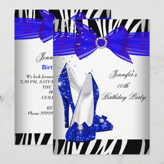 ゼブラブルー王室のハイヒールブラックバースデーパーティー 招待状 (正面/裏面)