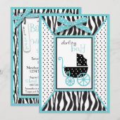 ゼブラプリントとベビーキャリッジベビーシャワー 招待状 (正面/裏面)
