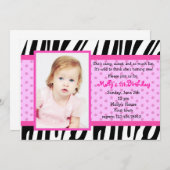 ゼブラプリントのホットピンク写真付き誕生日招待状 招待状 (正面/裏面)