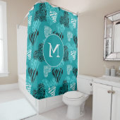 ゼブラプリントハートティール(緑がかった色)ホワイトモノグラム シャワーカーテン (インサイチュ)