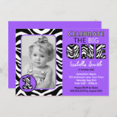 ゼブラプリントパープルガールズファースト誕生日 招待状 (正面/裏面)