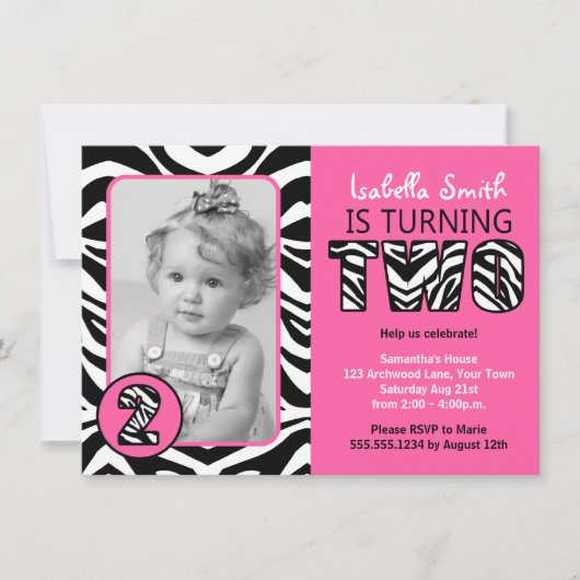 ゼブラプリントピンクガールズセカンド誕生日 招待状 (正面)
