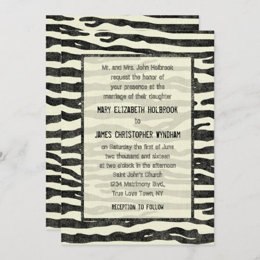 ゼブラプリントブラックベージュヴィンテエレガントージウェディング 招待状 (正面/裏面)