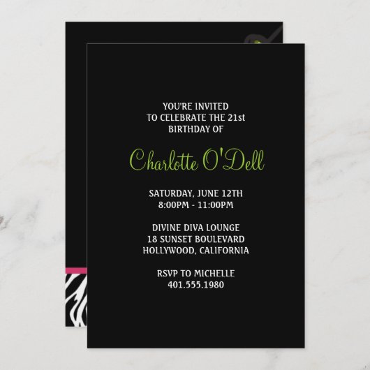 ゼブラプリントマルティーニ誕生日パーティー 招待状 (正面/裏面)