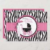 ゼブラプリント&ベビーキャリッジベビーシャワー招待状 招待状 (正面/裏面)