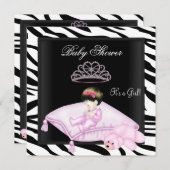 ゼブラベビーシャワーガールピンク白黒プリンセス 招待状 (正面/裏面)