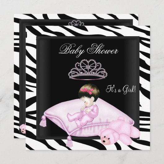 ゼブラベビーシャワーガールピンク白黒プリンセス 招待状 (正面/裏面)