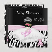 ゼブラベビーシャワーガールピンク白黒プリンセス 招待状 (正面/裏面)