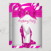 ゼブラホットピンクハイヒールシューバースデーパーティー 招待状 (正面/裏面)