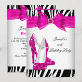 ゼブラホットピンクハイヒールシューブラック誕生日パーティー 招待状 (正面/裏面)