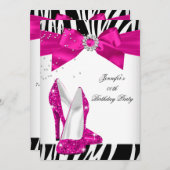 ゼブラホットピンクハイヒールシューブラック誕生日ボウ 招待状 (正面/裏面)