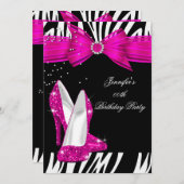 ゼブラホットピンクハイヒールシューブラック誕生日3 招待状 (正面/裏面)