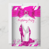 ゼブラホットピンクハイヒールレースパールバースデーパーティー 招待状 (正面)