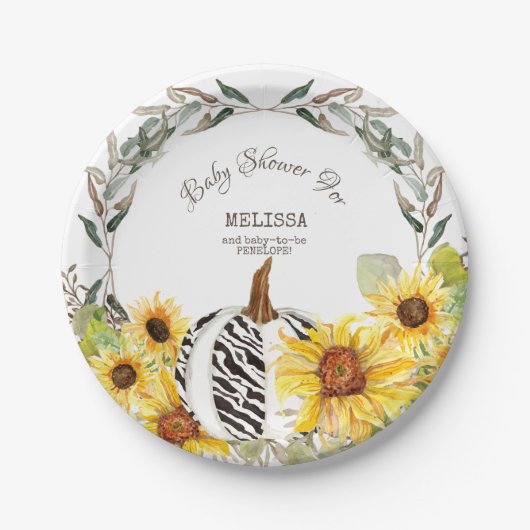 ゼブラモダンホワイトパンプキンひまわりの赤ちゃんシャワー ペーパープレート (正面)
