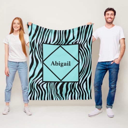 ゼブラモノグラムのプリントブラックとティール(緑がかった色)ターコイズ フリースブランケット (インサイチュ)