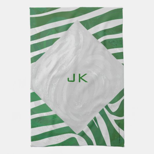 ゼブラモノグラムグリーンアンドホワイトプリント キッチンタオル (縦)
