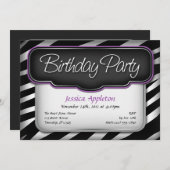 ゼブラユニークプリントパープル誕生日招待状 招待状 (正面/裏面)