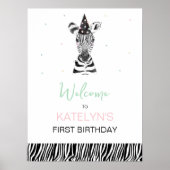 ゼブラ動物の誕生日パーティー歓迎サイン ポスター (正面)