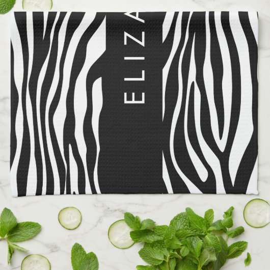 ゼブラ印ストライプ刷,白黒,あなたの名前 キッチンタオル (折り畳み)