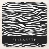 ゼブラ印ストライプ刷，白黒，あなたの名前 スクエアペーパーコースター (正面)