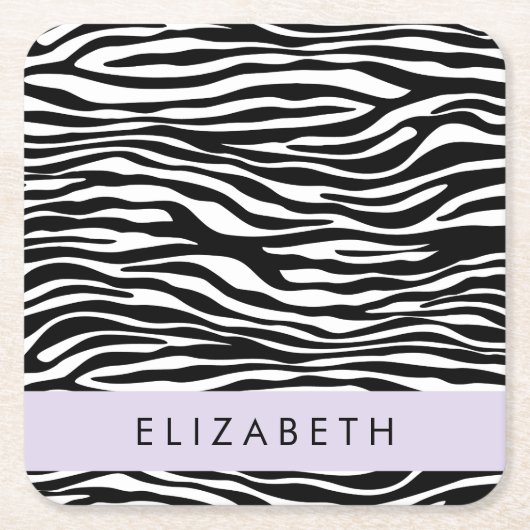 ゼブラ印ストライプ刷,白黒,あなたの名前 スクエアペーパーコースター (正面)