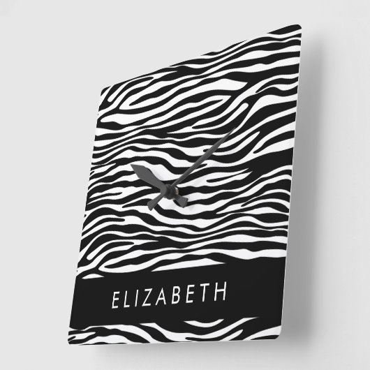 ゼブラ印ストライプ刷,白黒,あなたの名前 スクエア壁時計 (傾斜)