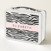 ゼブラ印ストライプ刷，白黒，あなたの名前 メタルランチボックス (裏面)