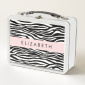 ゼブラ印ストライプ刷，白黒，あなたの名前 メタルランチボックス (正面)
