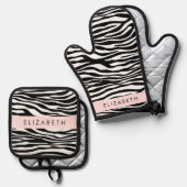 ゼブラ印ストライプ刷，白黒，あなたの名前 鍋つかみ&鍋敷きセット (正面/裏面)