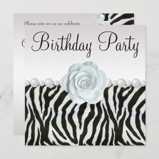 ゼブラ印刷と印刷された真珠とバラ誕生日パーティー 招待状 (正面/裏面)