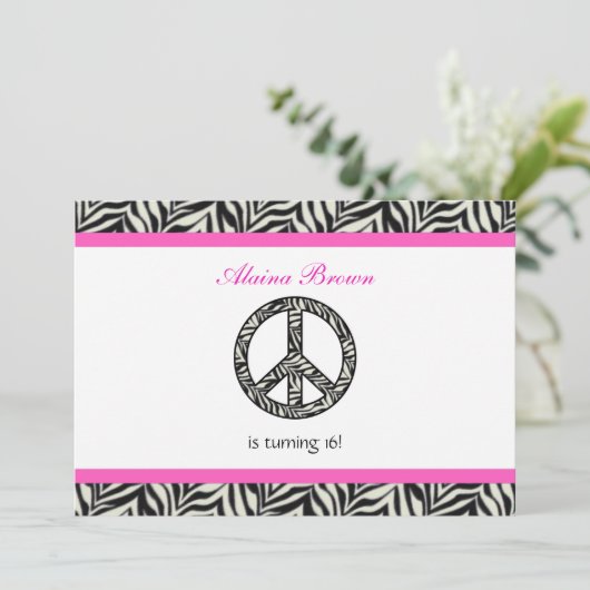 ゼブラ印刷の平和記号誕生日パーティーの招待 招待状 (スタンド正面)