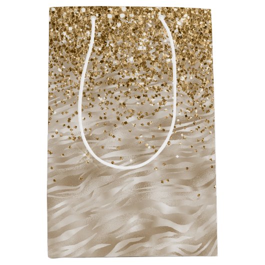 ゼブラ印刷フェイク金ゴールドグリッター ミディアムペーパーバッグ (正面)