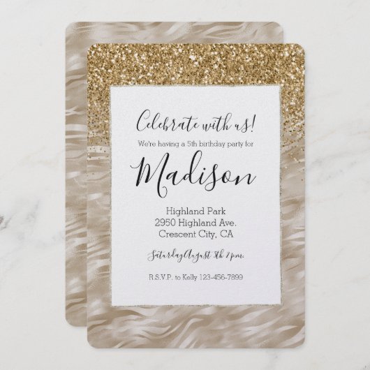 ゼブラ印刷フェイク金ゴールドグリッター 招待状 (正面/裏面)
