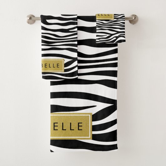 ゼブラ印刷、ゼブラ、白黒、あなたの名前 バスタオルセット (インサイチュ)