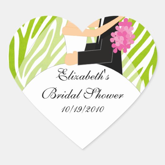 ゼブラ新郎新婦ブライダルシャワーステッカーライムグリーン ハートシール (正面)