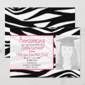 ゼブラ柄とピンクの卒業写真発表 招待状 (正面/裏面)