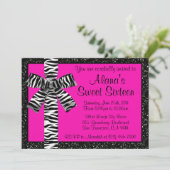 ゼブラ柄のリボンが付いたピンクのグリッターの招待状 招待状 (スタンド正面)