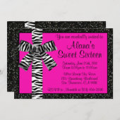 ゼブラ柄のリボンが付いたピンクのグリッターの招待状 招待状 (正面/裏面)