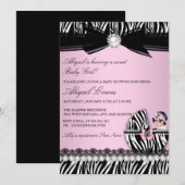 ゼブラ柄＆リボン 赤ちゃん女の子 ベビーシャワー 招待状 (正面/裏面)