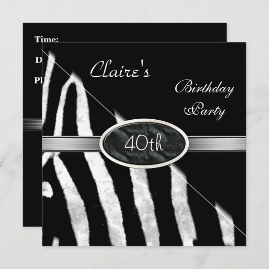 ゼブラ白黒シルバー40歳の誕生日パーティー 招待状 (正面/裏面)