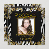 ゼブラ白黒金ゴールド写真誕生日パーティー 招待状 (正面/裏面)