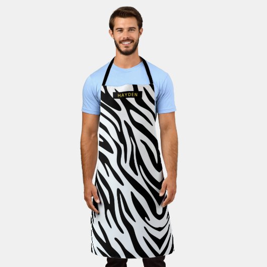 ゼブラ縞の個人用黒 エプロン (着用した状態)