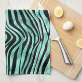 ゼブラ縞サファリスキンアニマルプリントティール(緑がかった色)ブラック キッチンタオル (四つ折り)