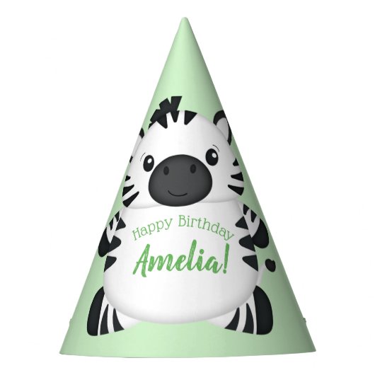 ゼブラ誕生日パーティーグリーン パーティーハット (正面)