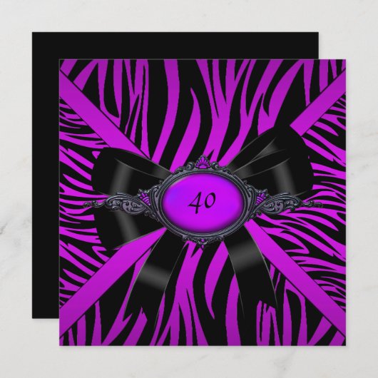 ゼブラ誕生日パーティーマゼンタパープル 招待状 (正面/裏面)