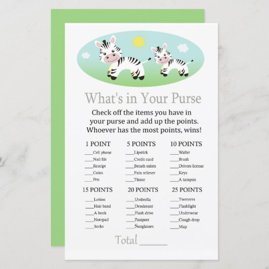 ゼブラ財布ゲームのベビーシャワーの中にあるものは何か (正面/裏面)