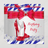 ゼブラ赤白青ヒールレースパール誕生日 招待状 (正面/裏面)